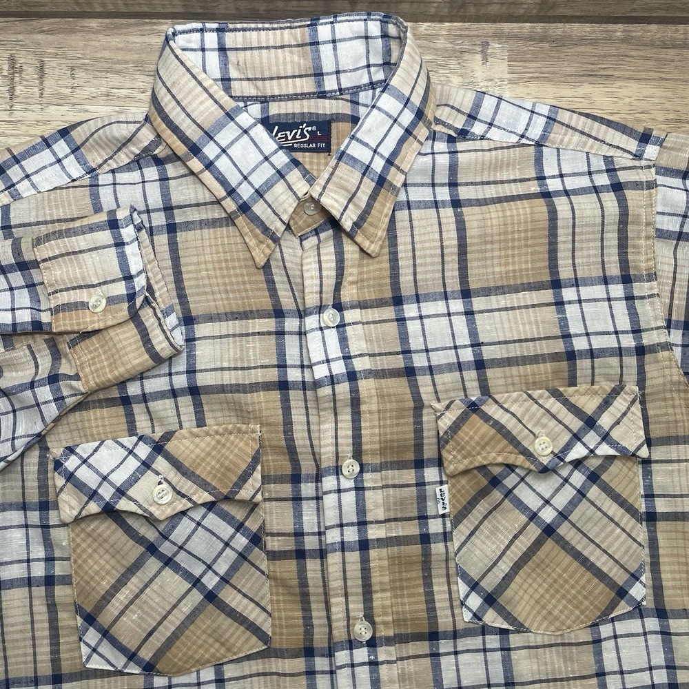 Vintage 1980s‎ Levis Long Sleeve Plaid Western Button Shirt Mens Large Beige